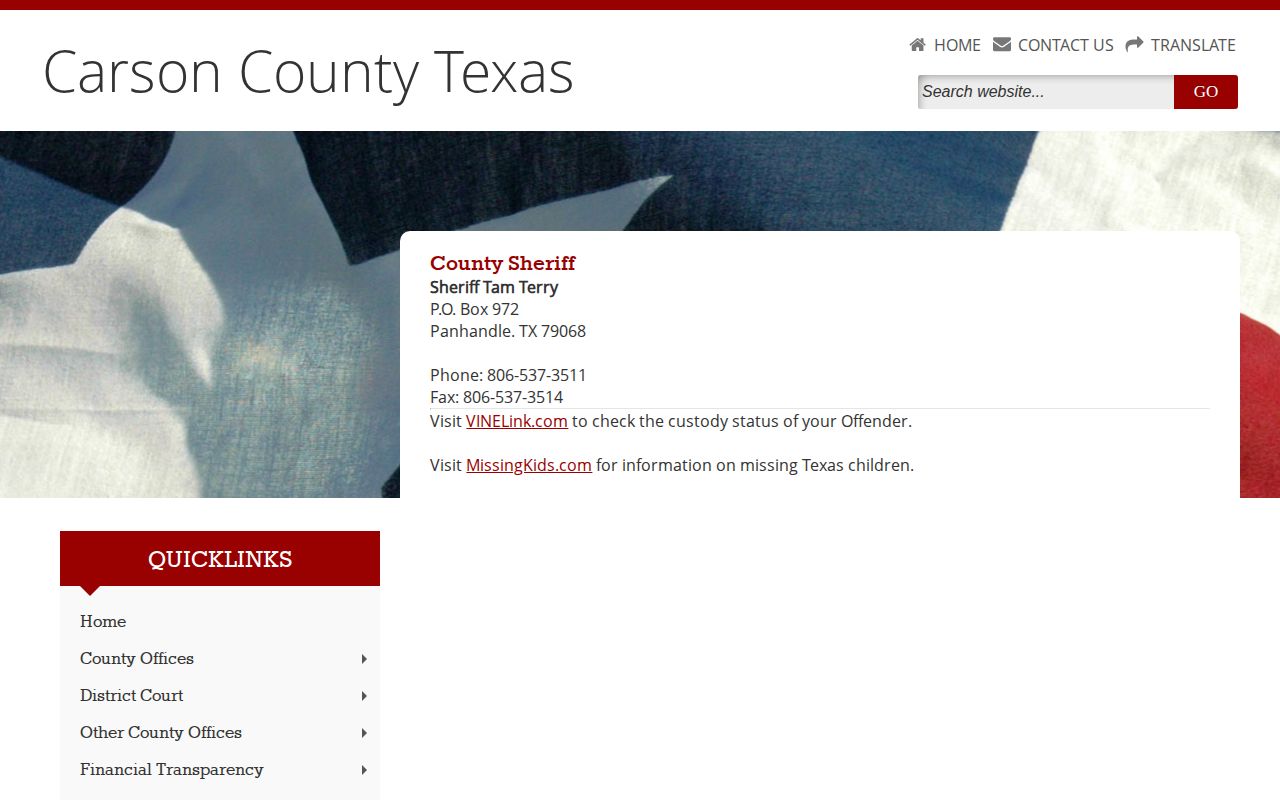 Carson County Sheriff official custody and booking record contact