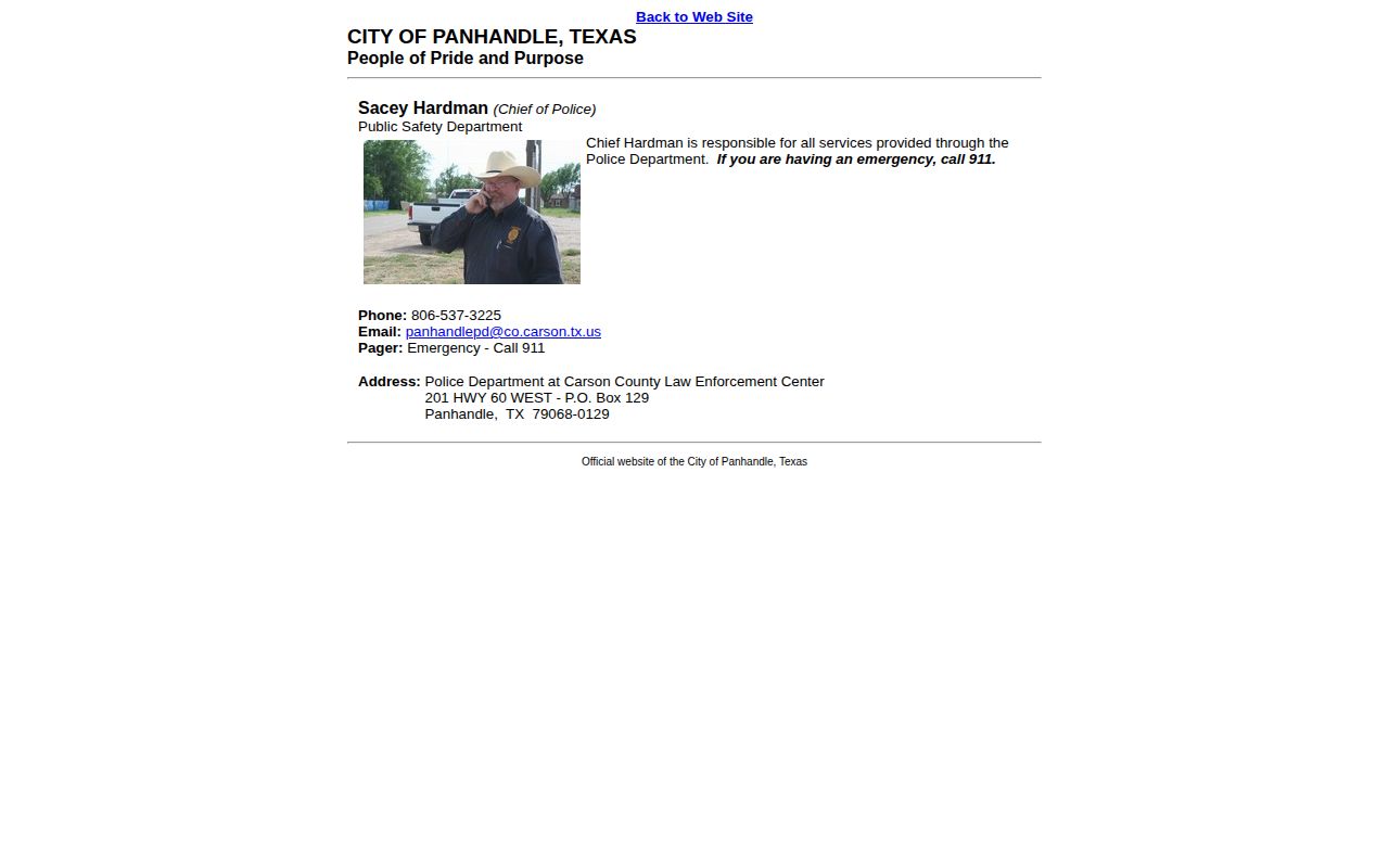 Carson County Panhandle Police Department public-safety directory for municipal arrest records
